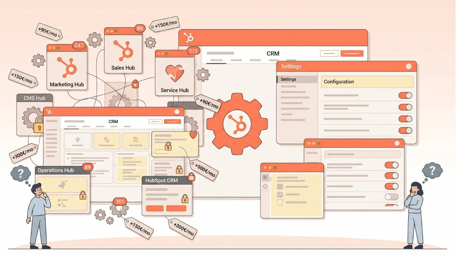 Is HubSpot worth it for a 2-person team illustration: two small cofounders in slate gray standing below an oversized orange HubSpot dashboard with question marks above their heads, suggesting the tool is too large for a tiny team
