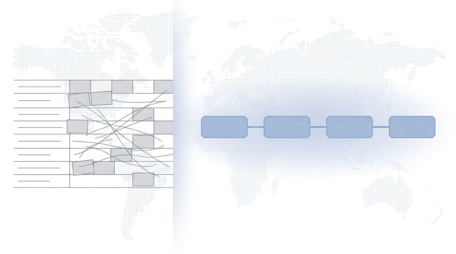 Fluid CRM editorial illustration showing Google Sheets vs CRM with messy spreadsheet rows transitioning into a calm visual pipeline