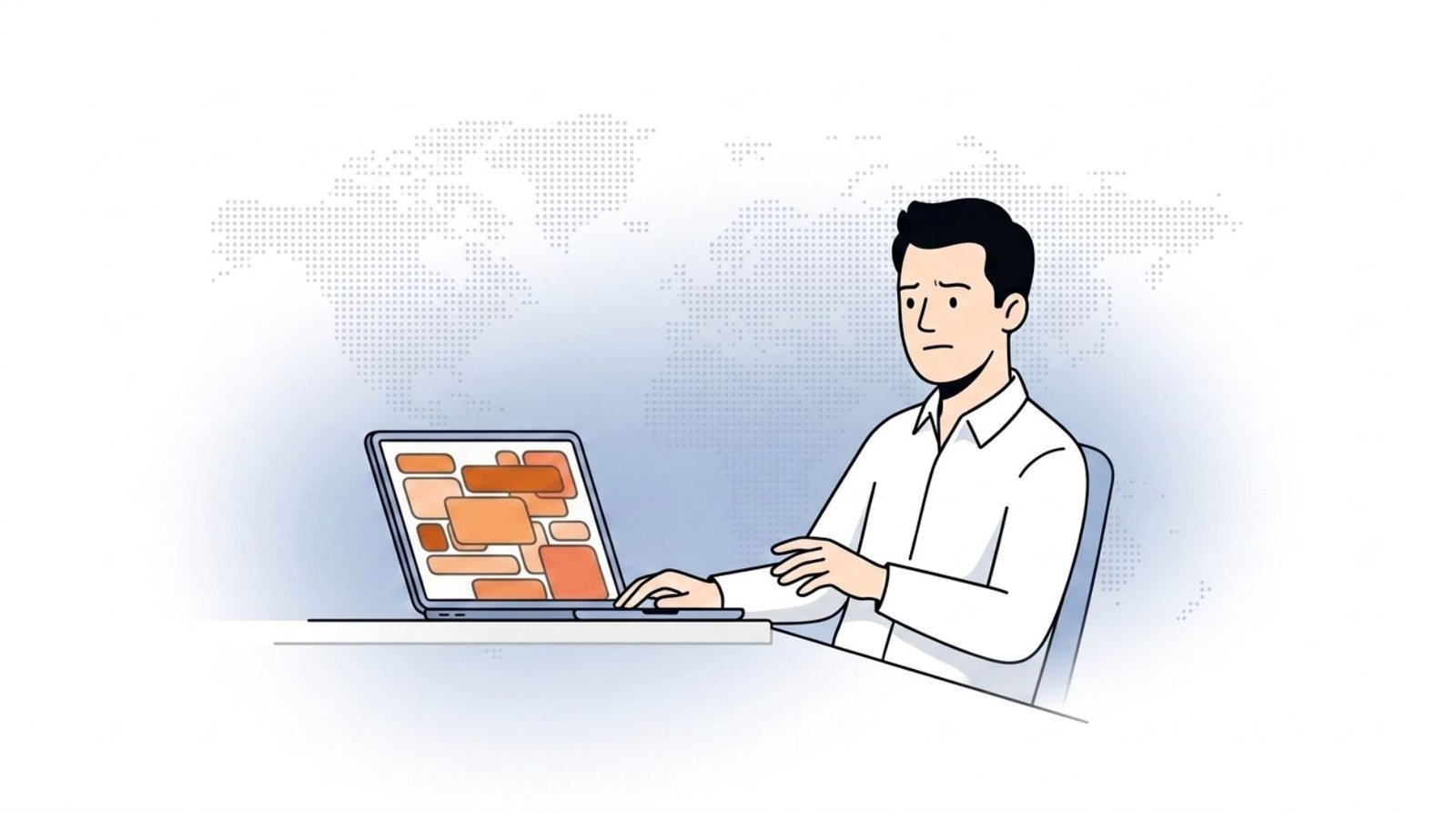 Fluid CRM editorial illustration showing a small B2B founder finding HubSpot too complicated with chaotic CRM modules on his screen
