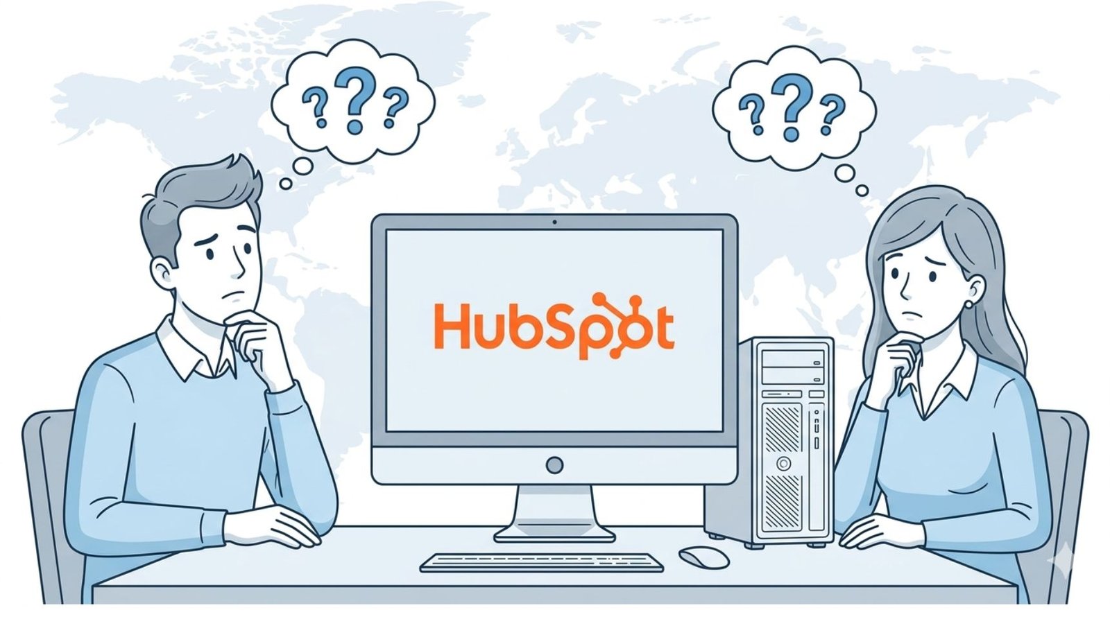 Fluid CRM editorial illustration of a 2-person team questioning if HubSpot is worth it while staring at an overloaded CRM interface