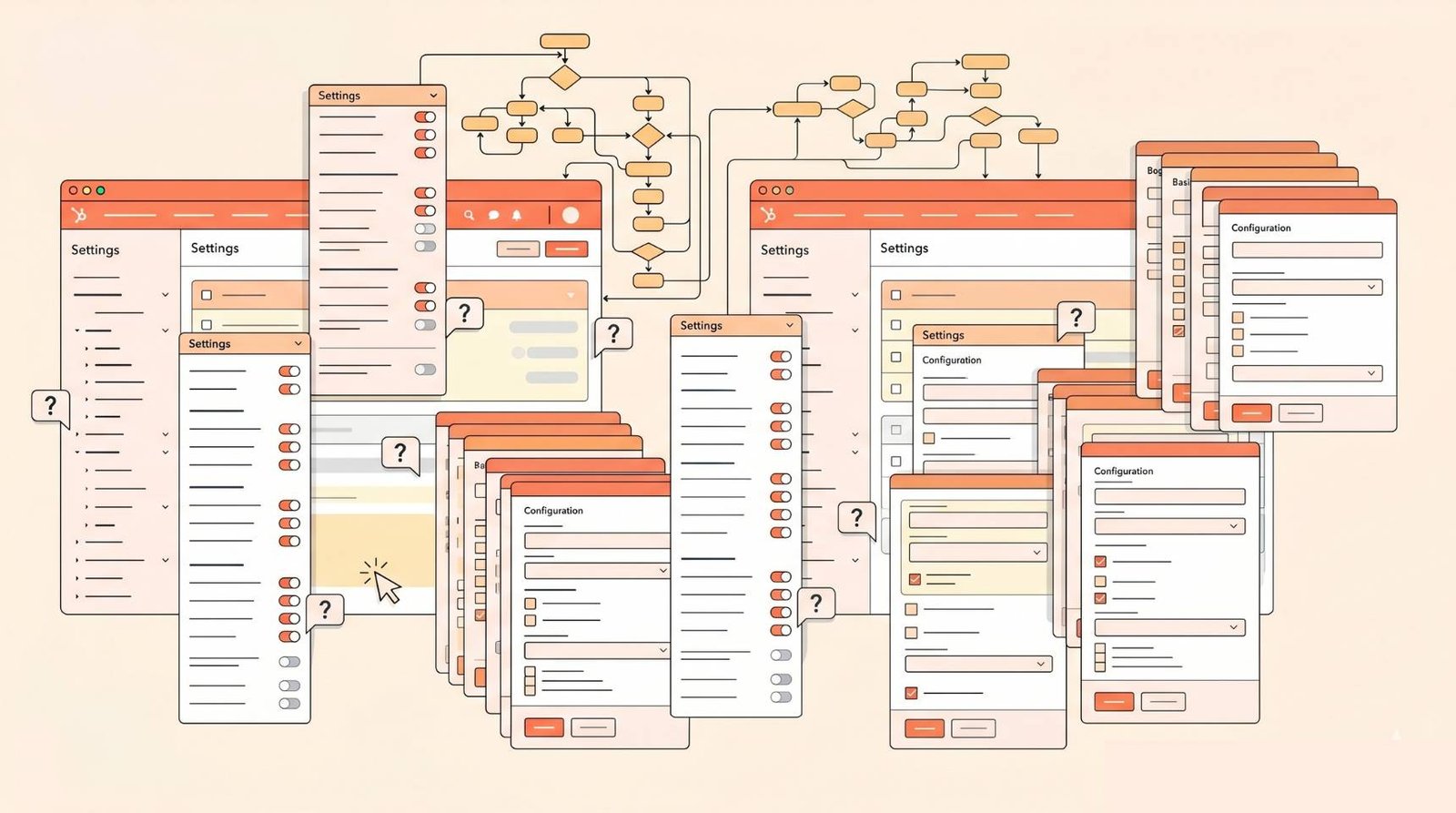 HubSpot too complicated illustration: stacked HubSpot settings menus, cascading configuration panels, tangled workflow flowcharts and confusion question marks showing the overwhelm of using overly complex CRM software