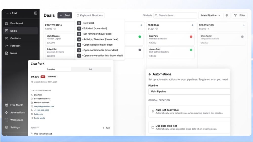 Fluid CRM pipeline, automations, keyboard shortcuts and activity logging.