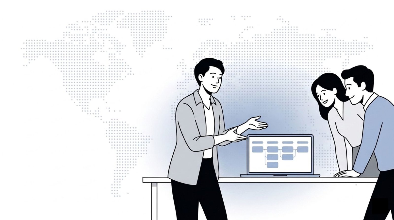 Fluid CRM editorial illustration of a marketing agency owner reviewing the best CRM for marketing agencies with his team