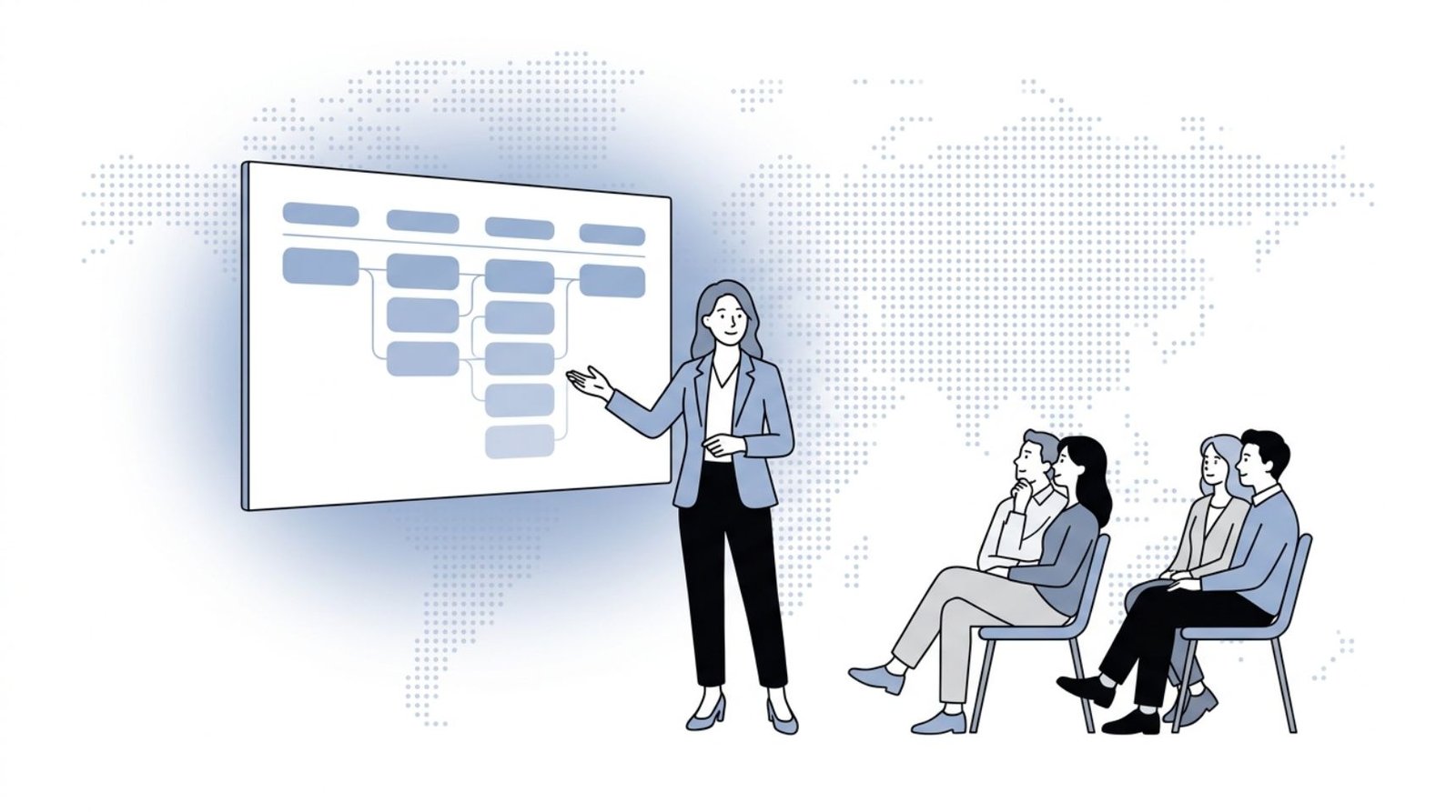 Fluid CRM editorial illustration of a consultant presenting a sales pipeline to clients using the best CRM for coaches and consultants