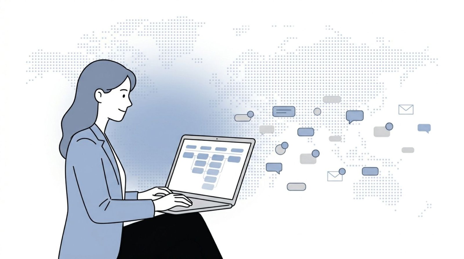 Fluid CRM editorial illustration of a focused solo founder working her sales pipeline on the best CRM for solo founders