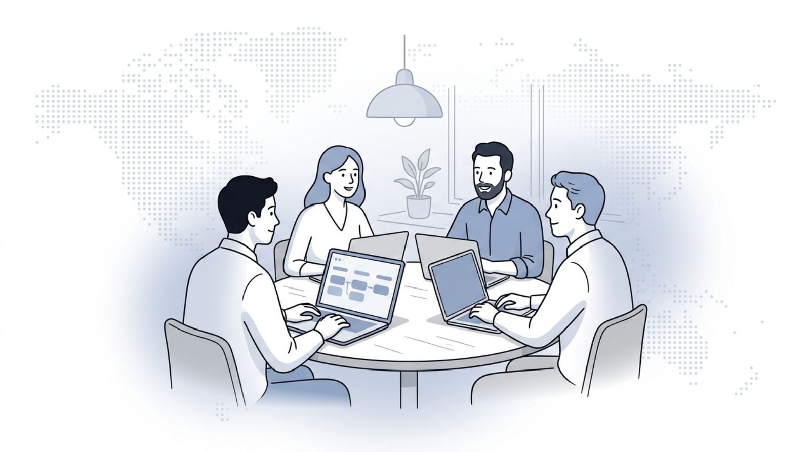 Fluid CRM editorial illustration of a small agency team collaborating around a table on the best CRM for small agencies