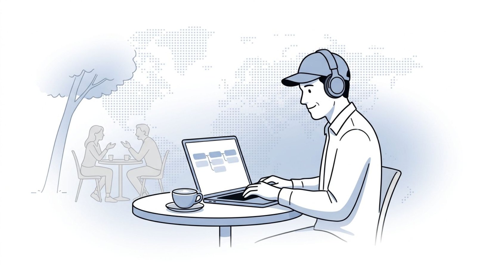 Fluid CRM editorial illustration of a freelancer working at a cafe on the best CRM for freelancers