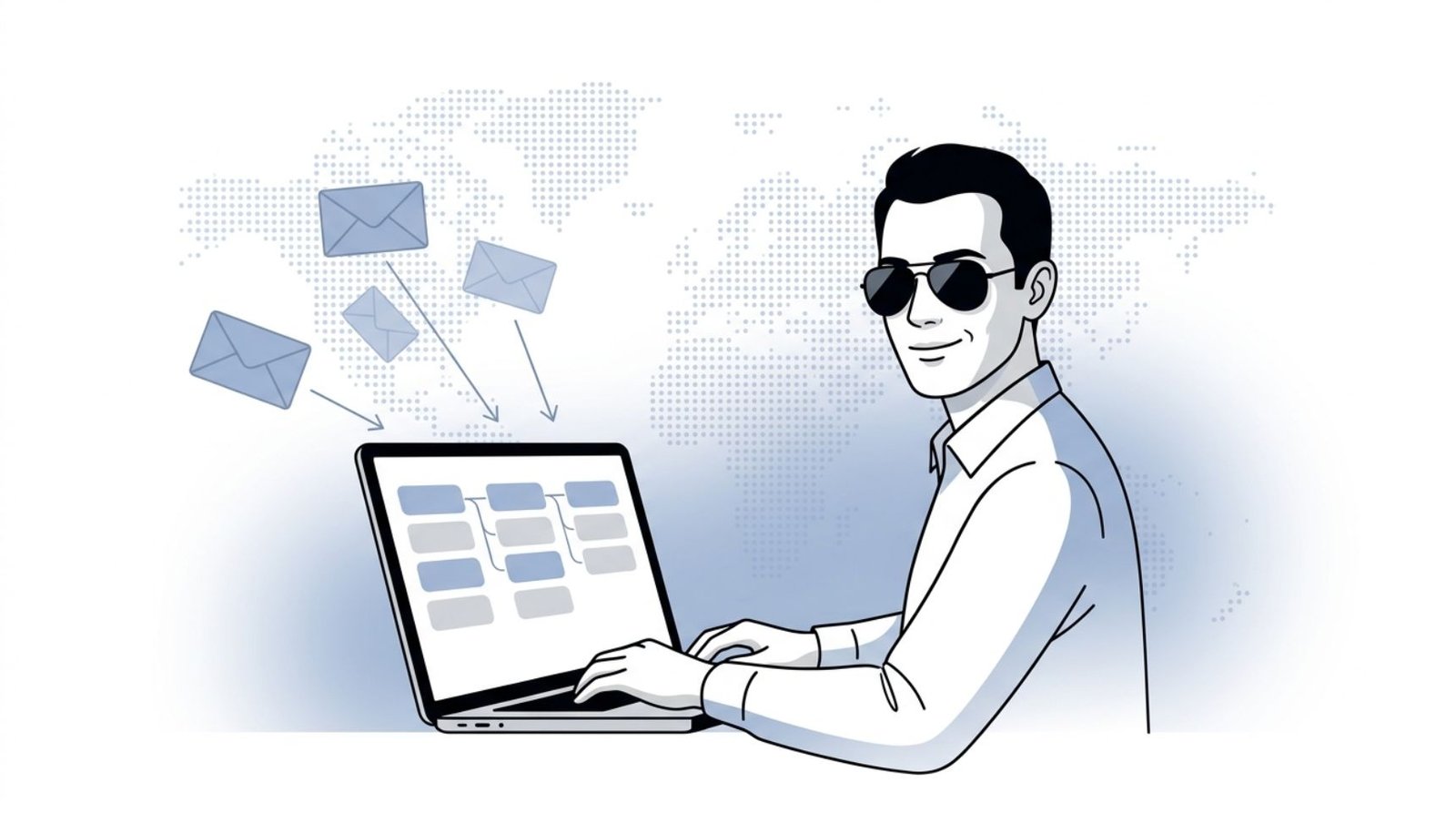 Fluid CRM editorial illustration of a confident cold email agency operator managing positive replies on the best CRM for cold email