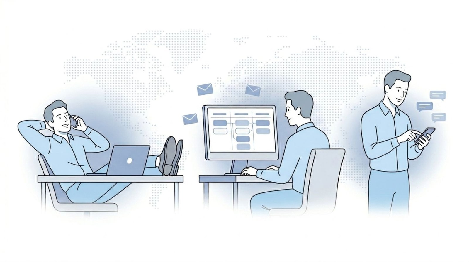 Fluid CRM editorial illustration of a three-person outbound team working calls and emails on the best CRM for outbound agencies