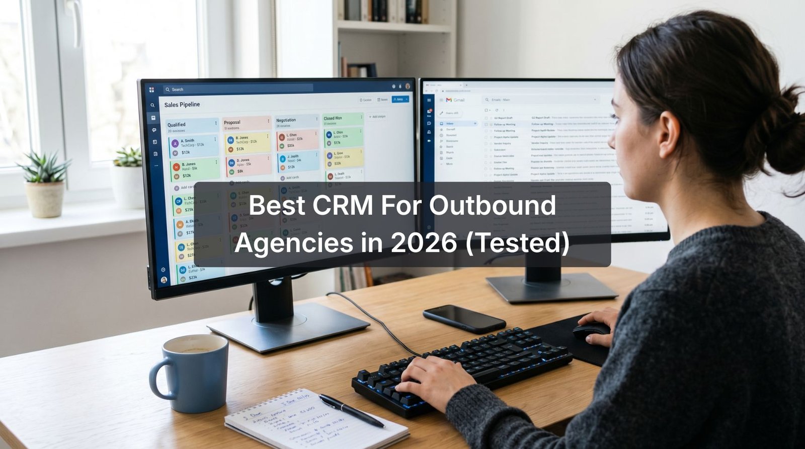 Outbound sales operator working at a desk with two monitors showing a CRM pipeline and an email inbox