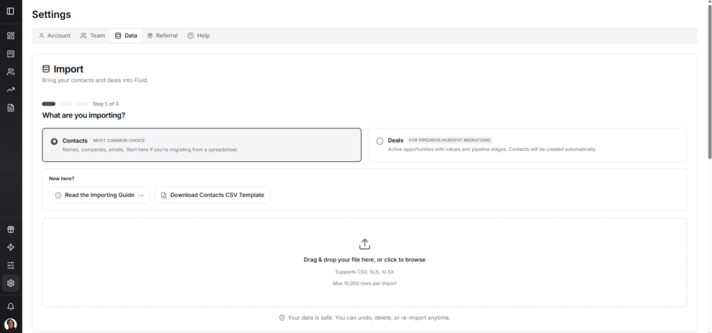 Fluid CRM import wizard Step 1: select Contacts or Deals import type with drag and drop CSV upload area