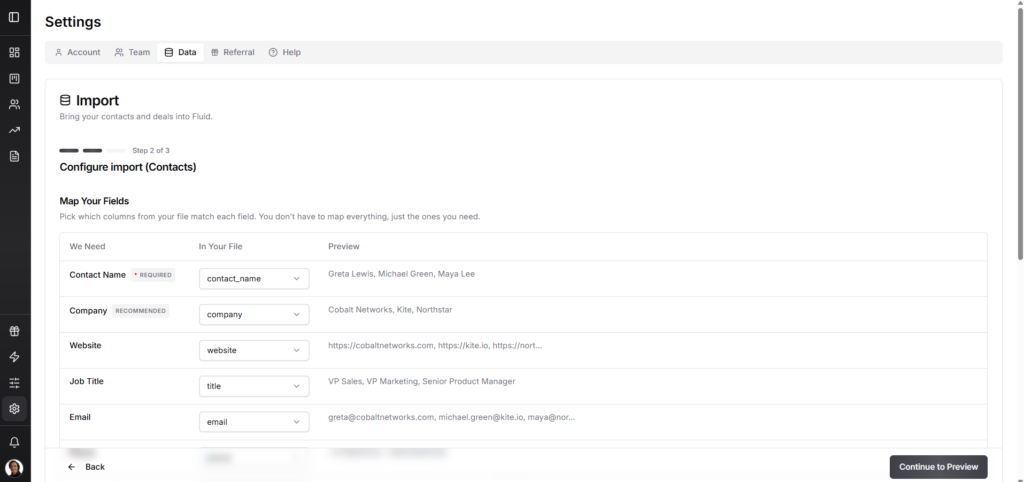 Fluid CRM contact import field mapping screen showing CSV columns matched to Fluid fields with live preview