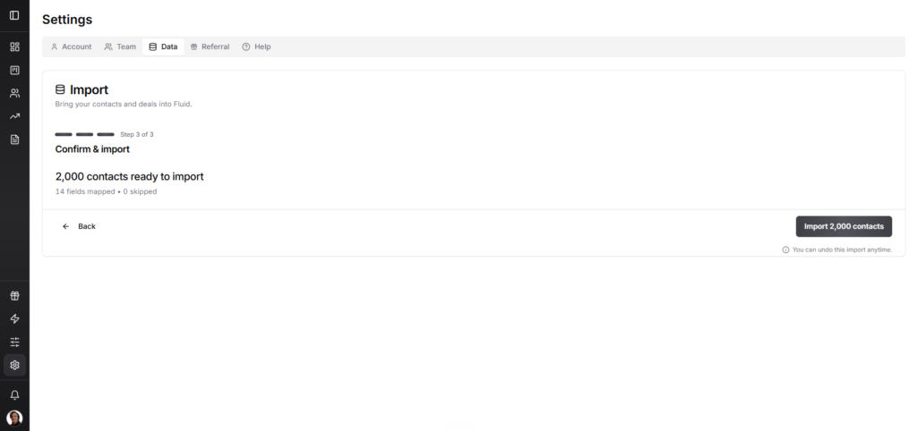 Fluid CRM contact import confirmation screen showing 2000 contacts ready to import with 14 fields mapped