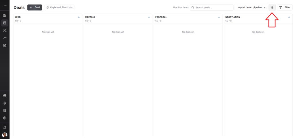 Fluid CRM pipeline editor showing customizable stage names matching common CRM stages like Lead, Meeting, Proposal, Negotiation