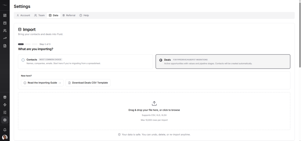 Fluid CRM deal import Step 1: select Deals option with download deals CSV template button