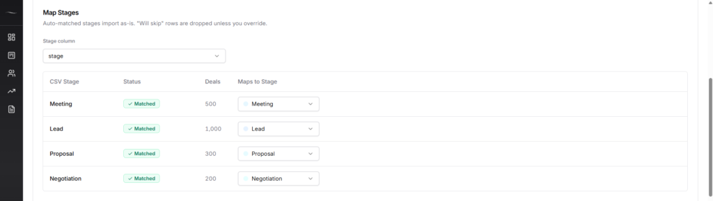 Fluid CRM deal import stage mapping screen showing CSV stages matched to Fluid pipeline stages with deal counts per stage