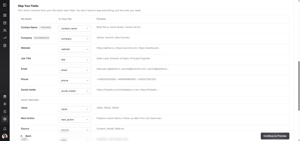 Fluid CRM deal import field mapping screen with contact-level and deal-level field matching including stage and deal value