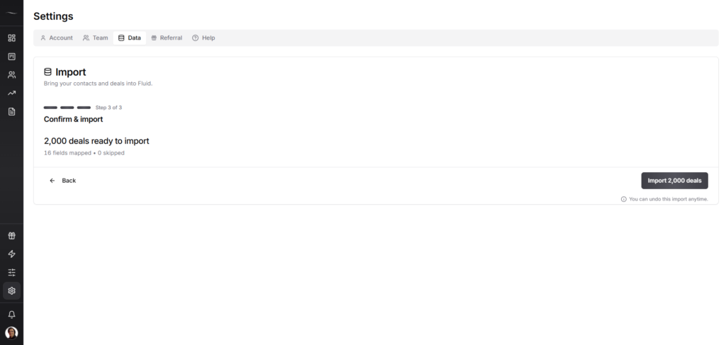 Fluid CRM deal import confirmation showing deals ready to import grouped by pipeline stage