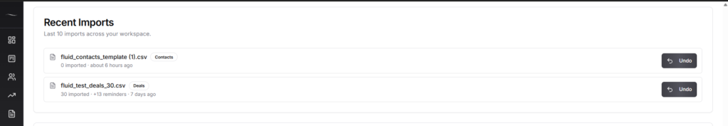 Fluid CRM imported deals displayed in pipeline view with deals visible in each stage column