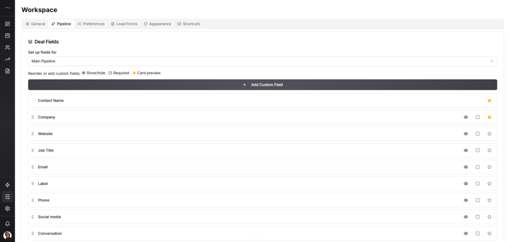 Fluid CRM custom field settings