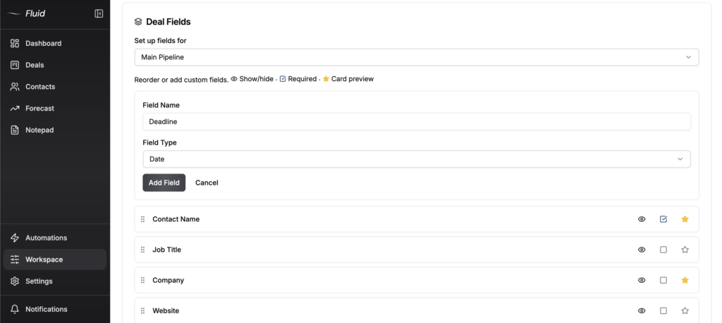 Fluid CRM deal field management inside settings.