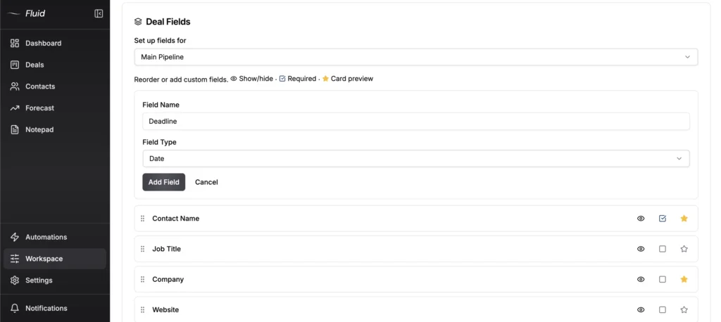Fluid  CRM custom deal fields