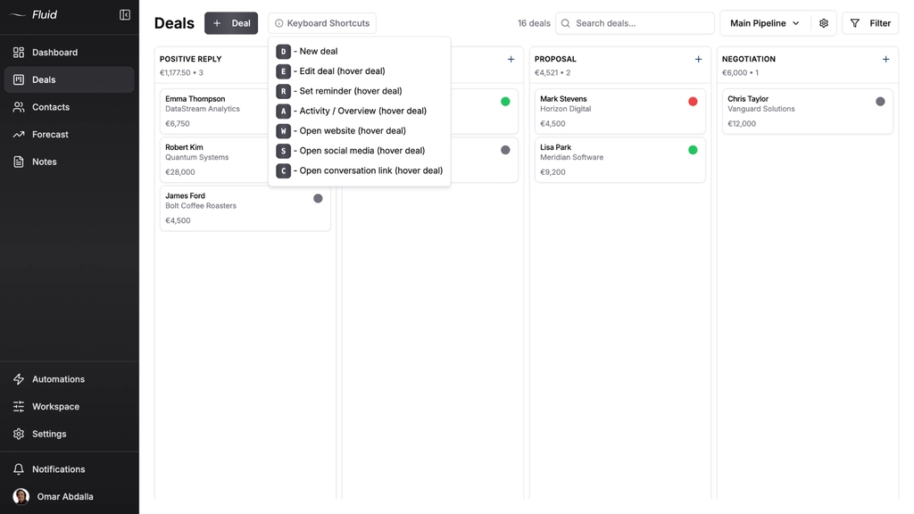 Fluid CRM keyboard shortcuts