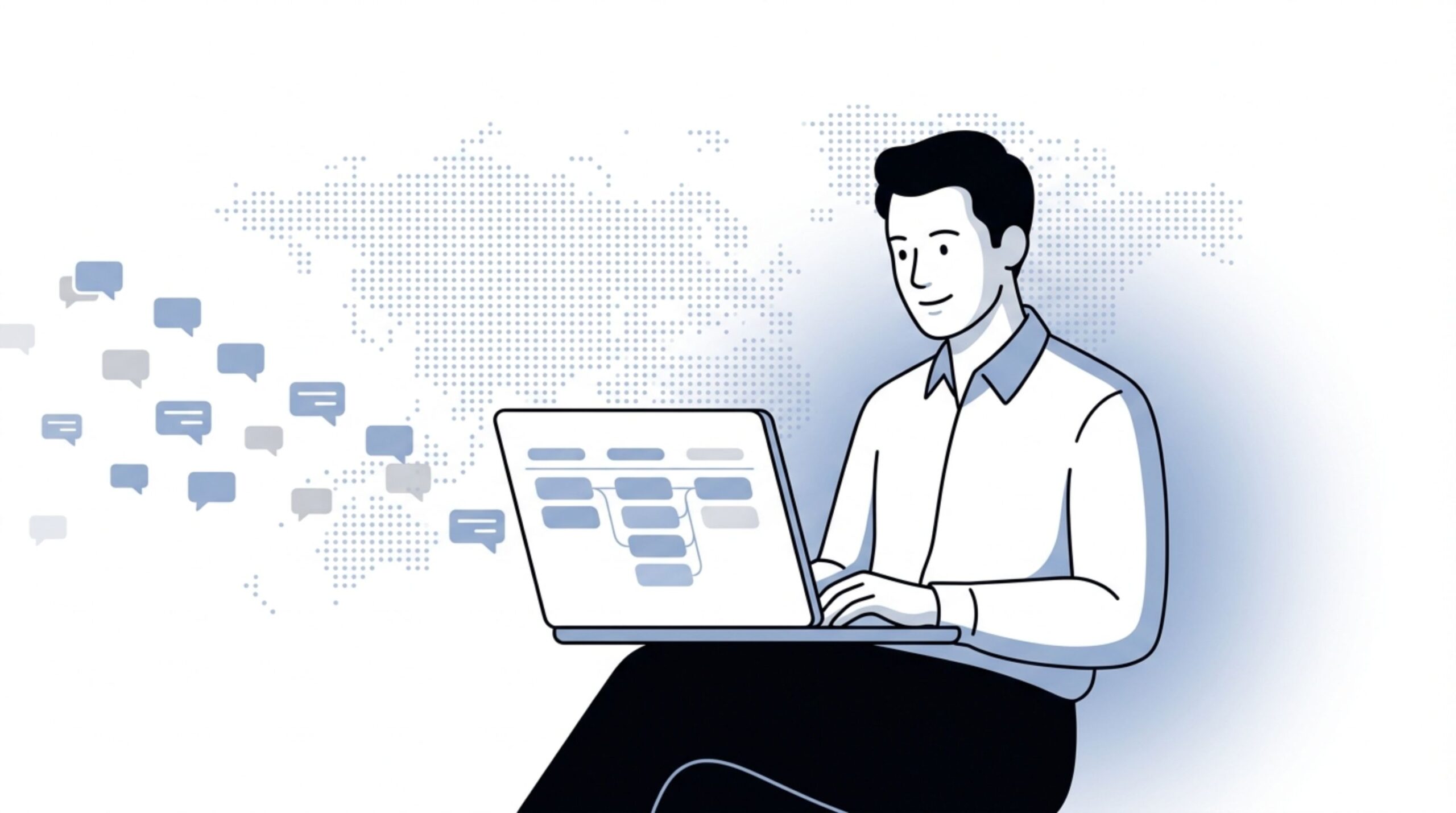 Fluid CRM editorial illustration showing how to find clients on LinkedIn with conversations flowing into a visual pipeline