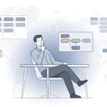 Fluid CRM editorial illustration of a person comparing several CRM examples at a desk