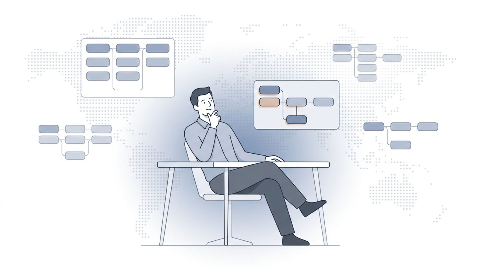 Fluid CRM editorial illustration of a person comparing several CRM examples at a desk