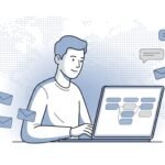 Fluid CRM editorial illustration of a person sending cold email outreach with replies flowing back into an organized pipeline