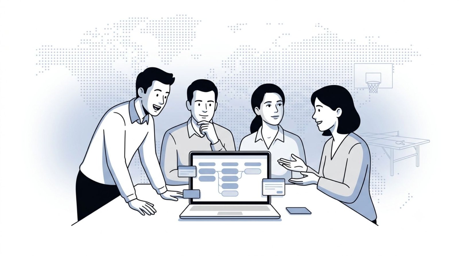 Fluid CRM editorial illustration of a startup team gathered around a laptop choosing the best sales tools for startups