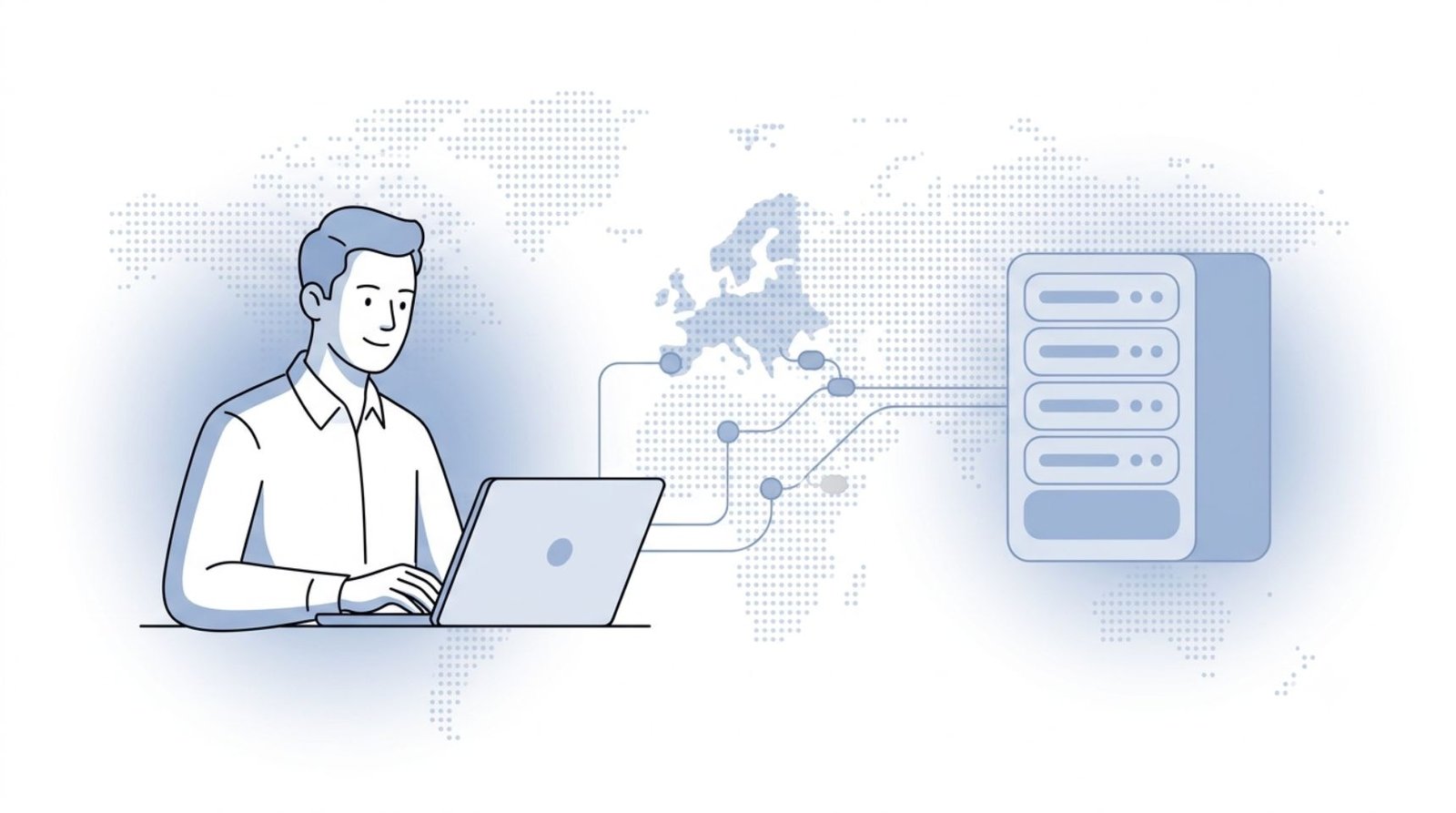 Fluid CRM editorial illustration of data flowing to an EU server on a CRM with EU data hosting