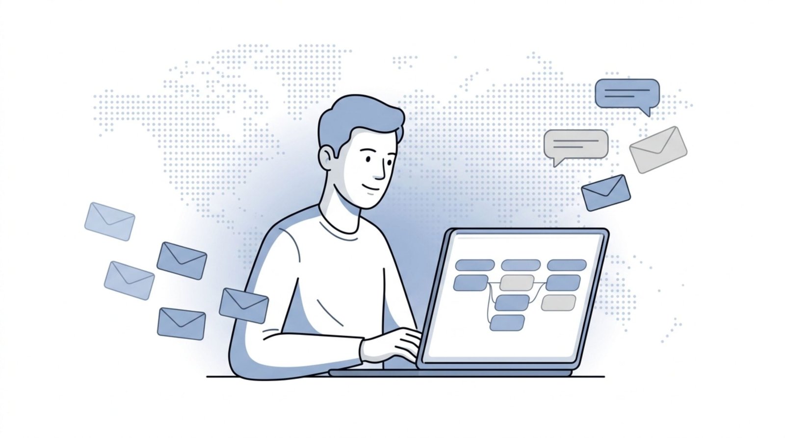 Fluid CRM editorial illustration of a person sending cold email outreach with replies flowing back into an organized pipeline
