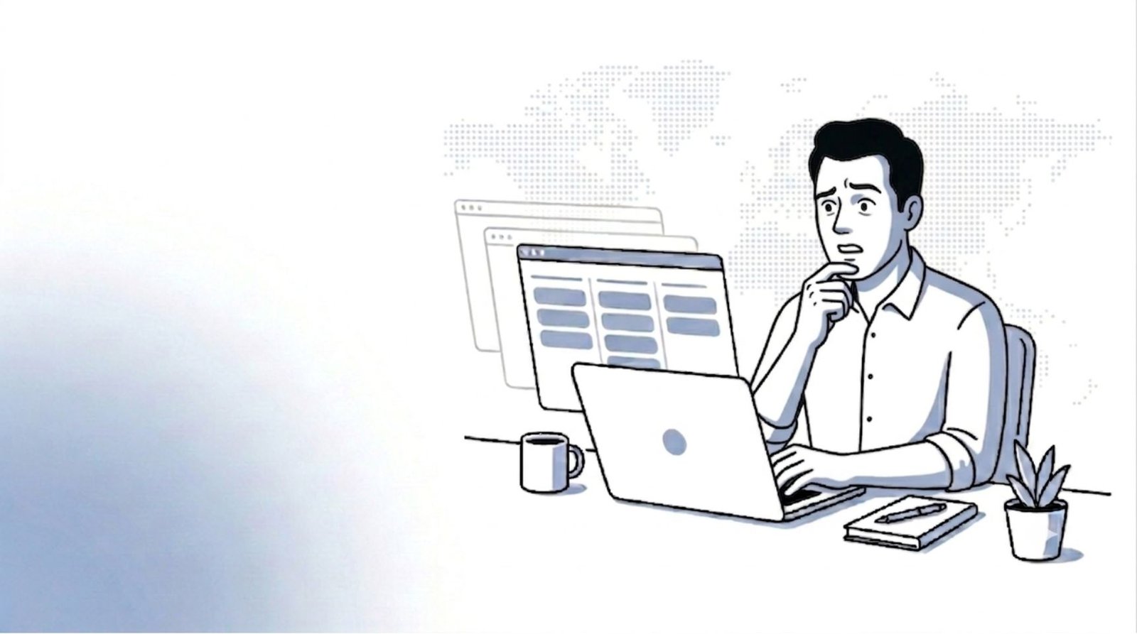 Fluid CRM editorial illustration of a B2B founder at his desk researching Insightly alternatives