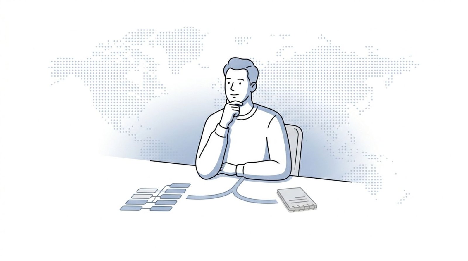 Fluid CRM editorial illustration of a person at a desk facing a fork-in-the-road moment deciding do I need a CRM