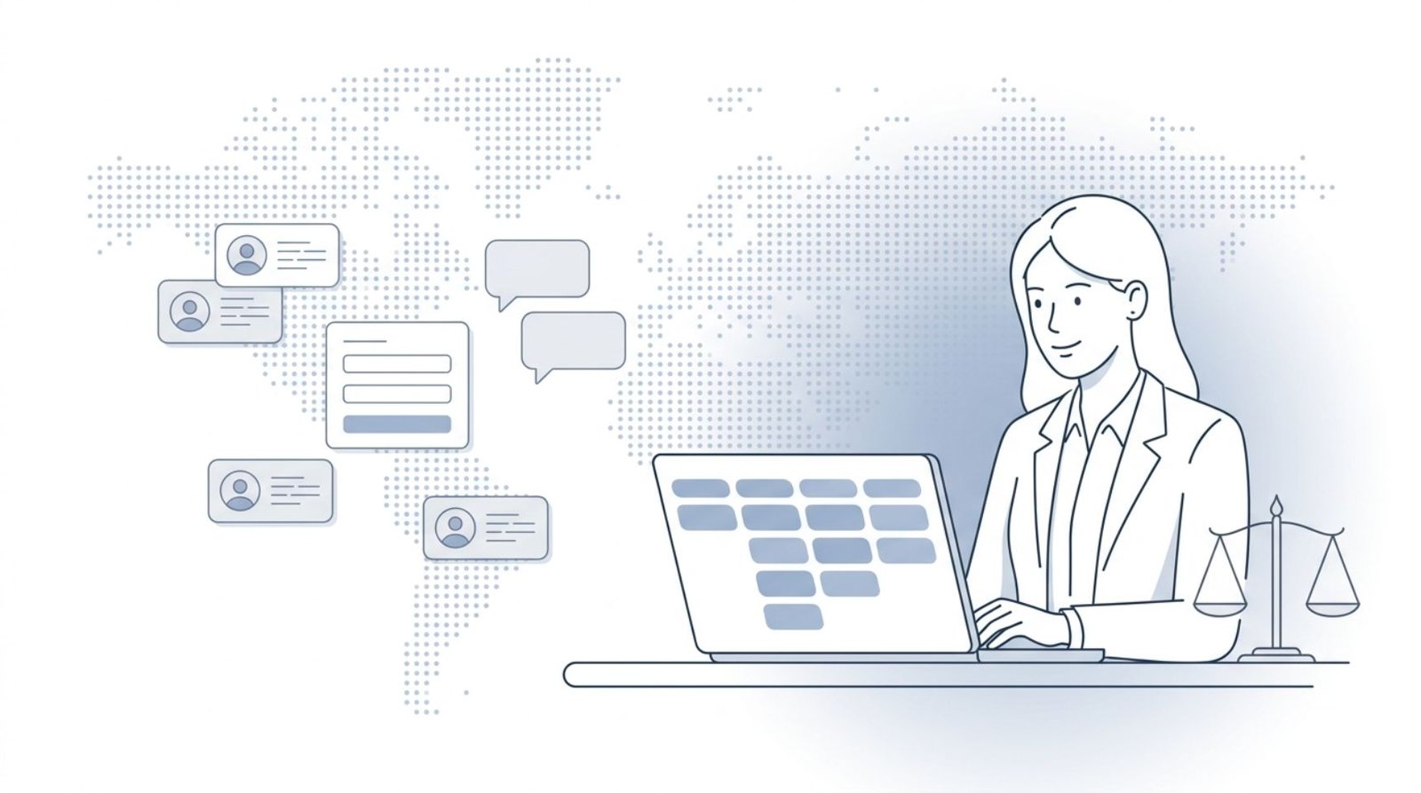 Fluid CRM editorial illustration of a lawyer at her desk working a client pipeline on the best CRM for law firms