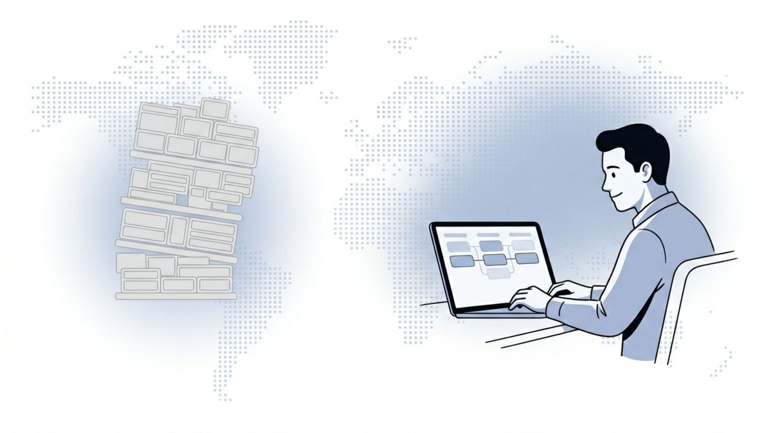 Fluid CRM editorial illustration of a consultant choosing a simple CRM for professional services over a heavy platform