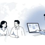 Fluid CRM editorial illustration of a four-person startup team using sales tracking software in a busy office