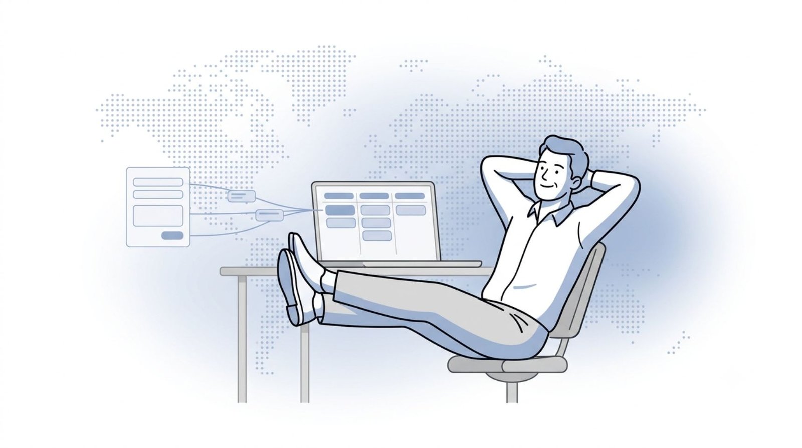 Fluid CRM editorial illustration of a relaxed founder watching leads flow into a CRM with built-in lead capture forms