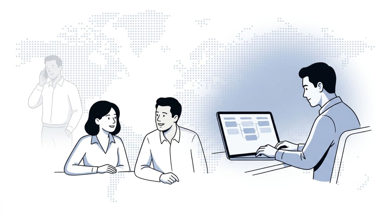 Fluid CRM editorial illustration of a four-person startup team using sales tracking software in a busy office