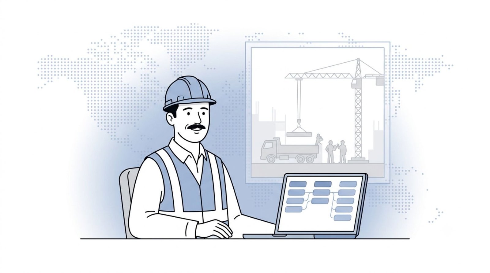 Fluid CRM editorial illustration of a contractor at his site office using a CRM for construction companies