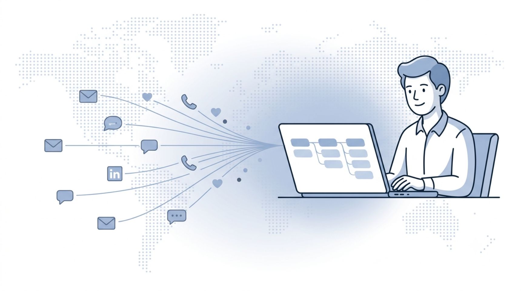 Fluid CRM editorial illustration of pipeline generation with cold email LinkedIn and calls flowing into one sales pipeline