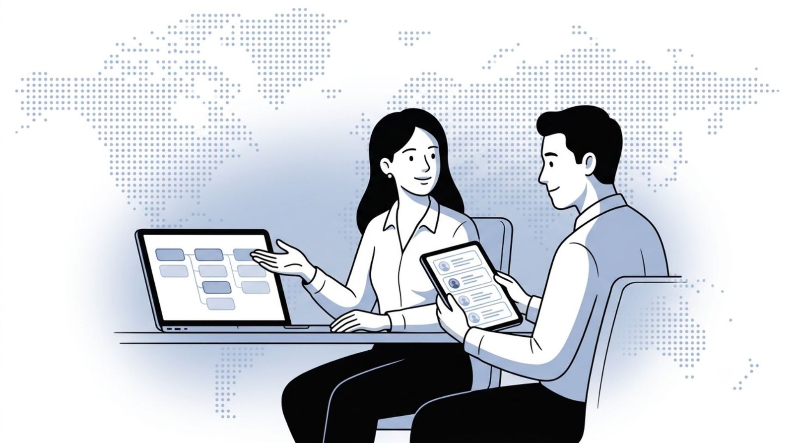 Fluid CRM editorial illustration of two recruiters using a CRM for staffing agencies to track clients and candidates