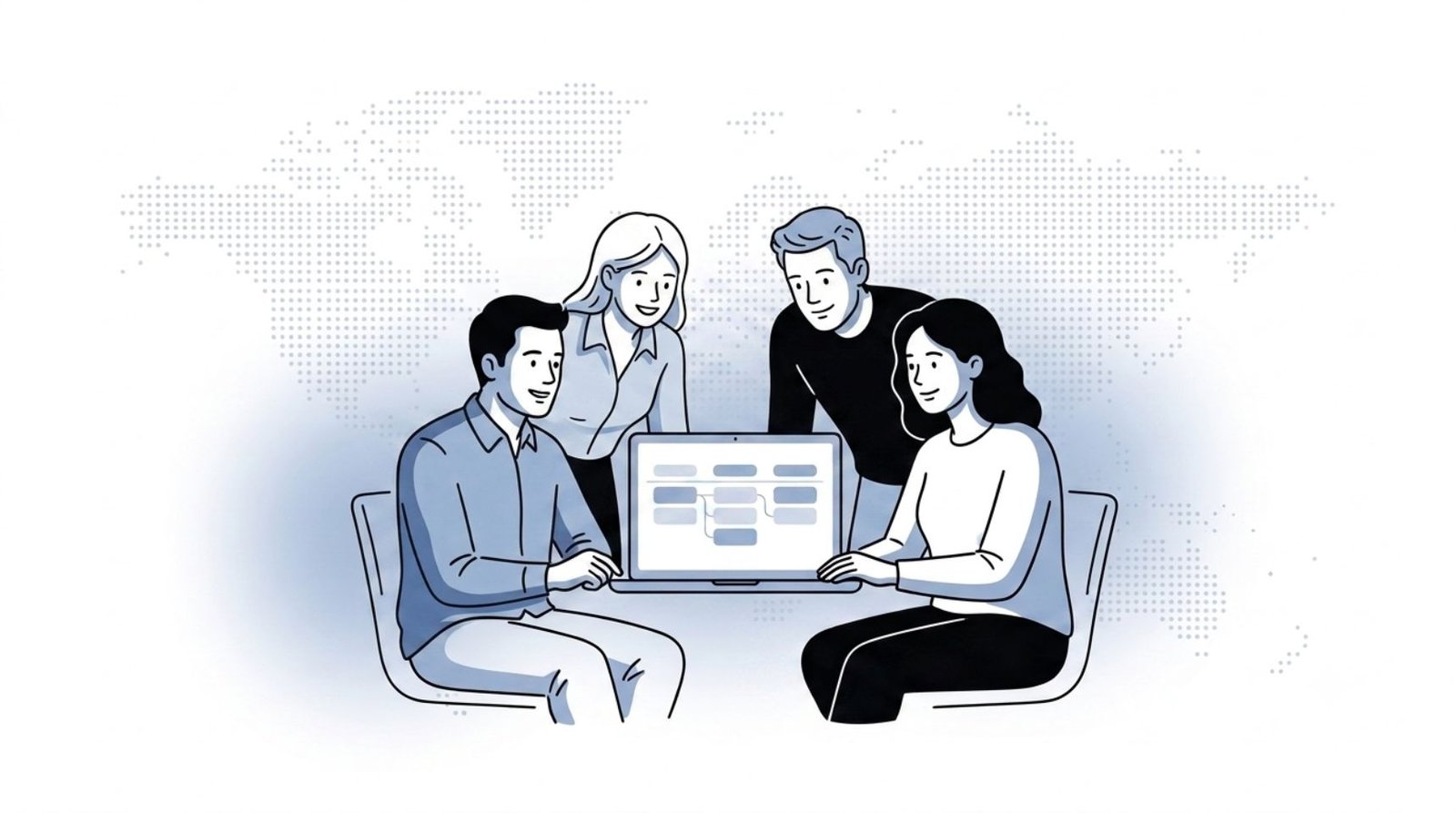 Fluid CRM editorial illustration of a small team using a lightweight CRM for small teams around one pipeline