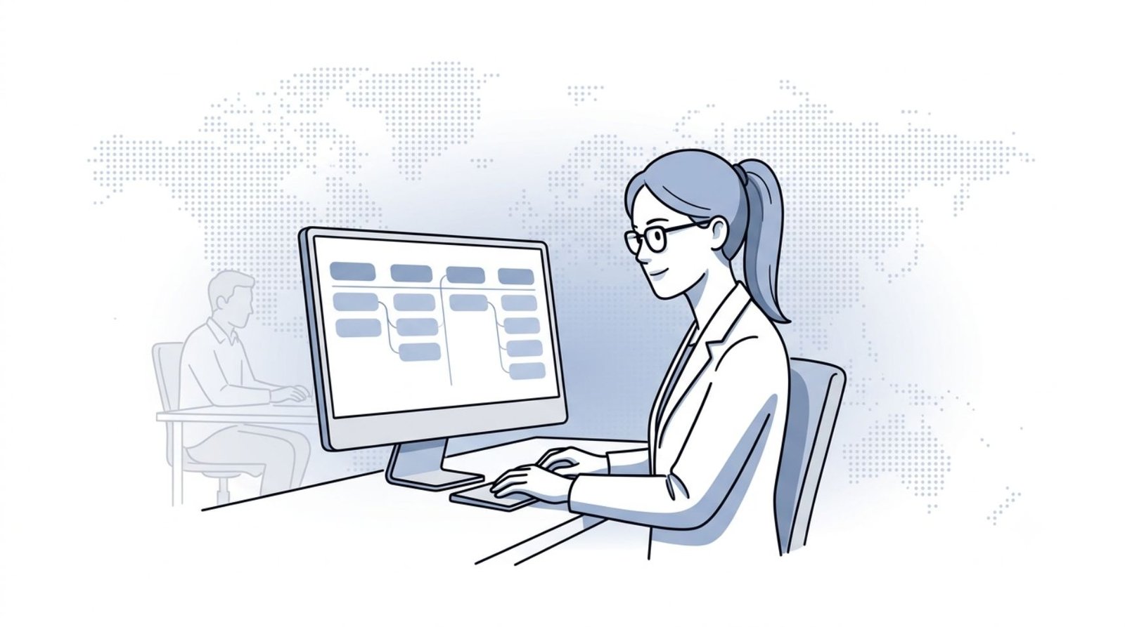 Fluid CRM editorial illustration of a woman accountant tracking deals on a CRM for accountants