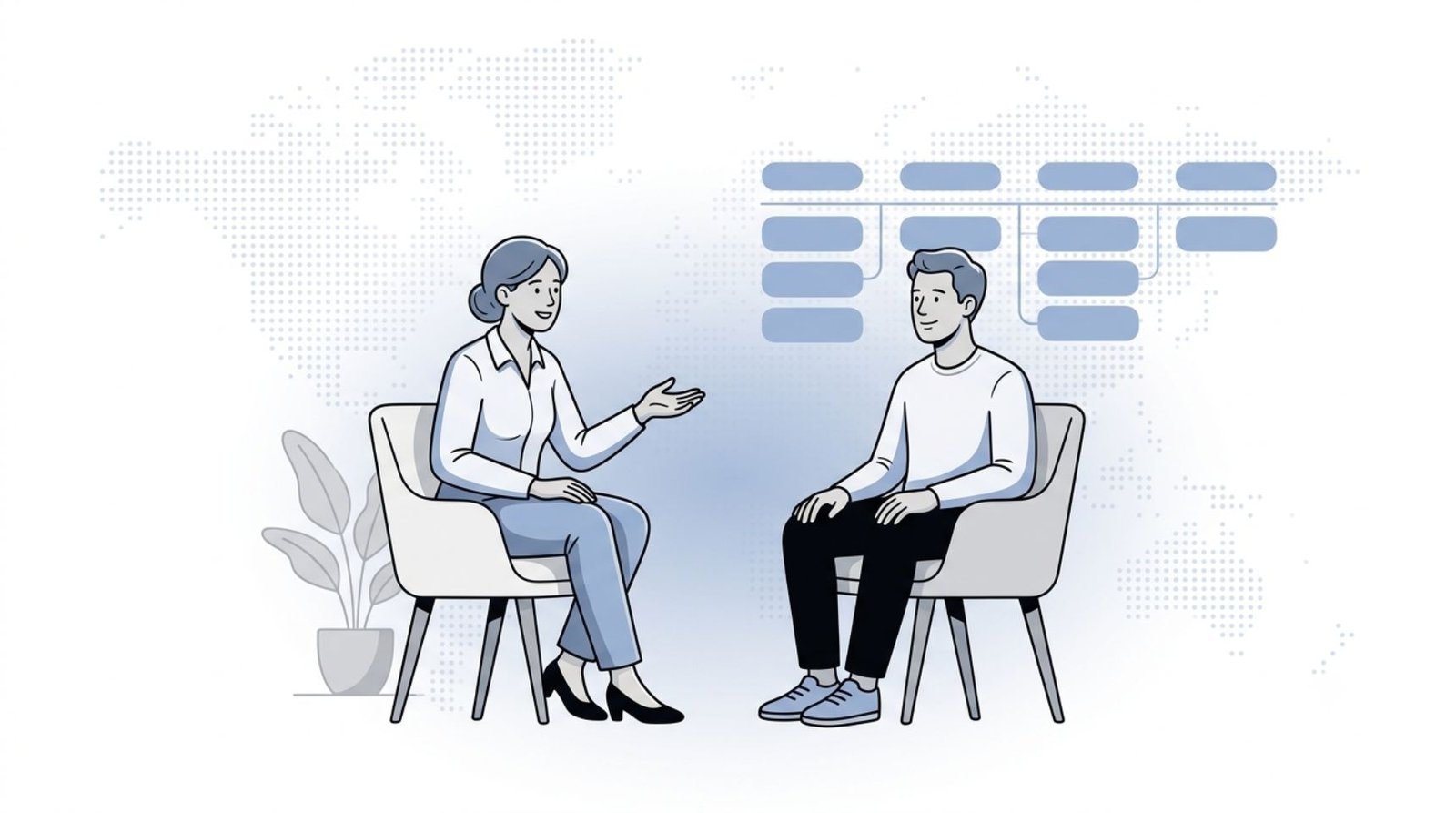 Fluid CRM editorial illustration of a coach in a client session using a CRM for coaches to track follow-ups