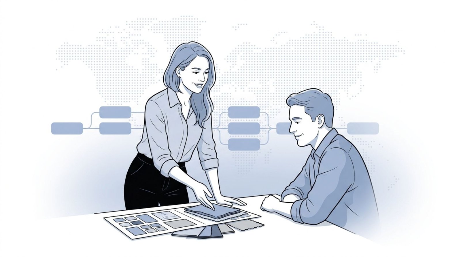 Fluid CRM editorial illustration of an interior designer presenting materials to a client using a CRM for interior designers