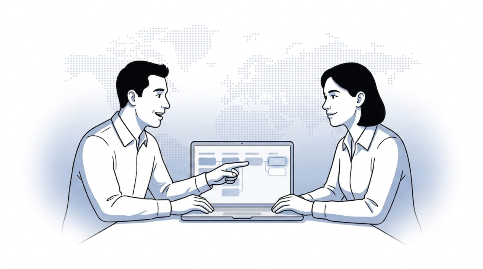 Fluid CRM editorial illustration of a two-person sales team closing deals together on a shared Fluid CRM visual pipeline
