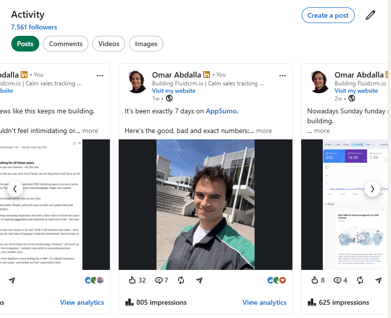 Omar Abdalla's authentic story post on LinkedIn with a casual selfie